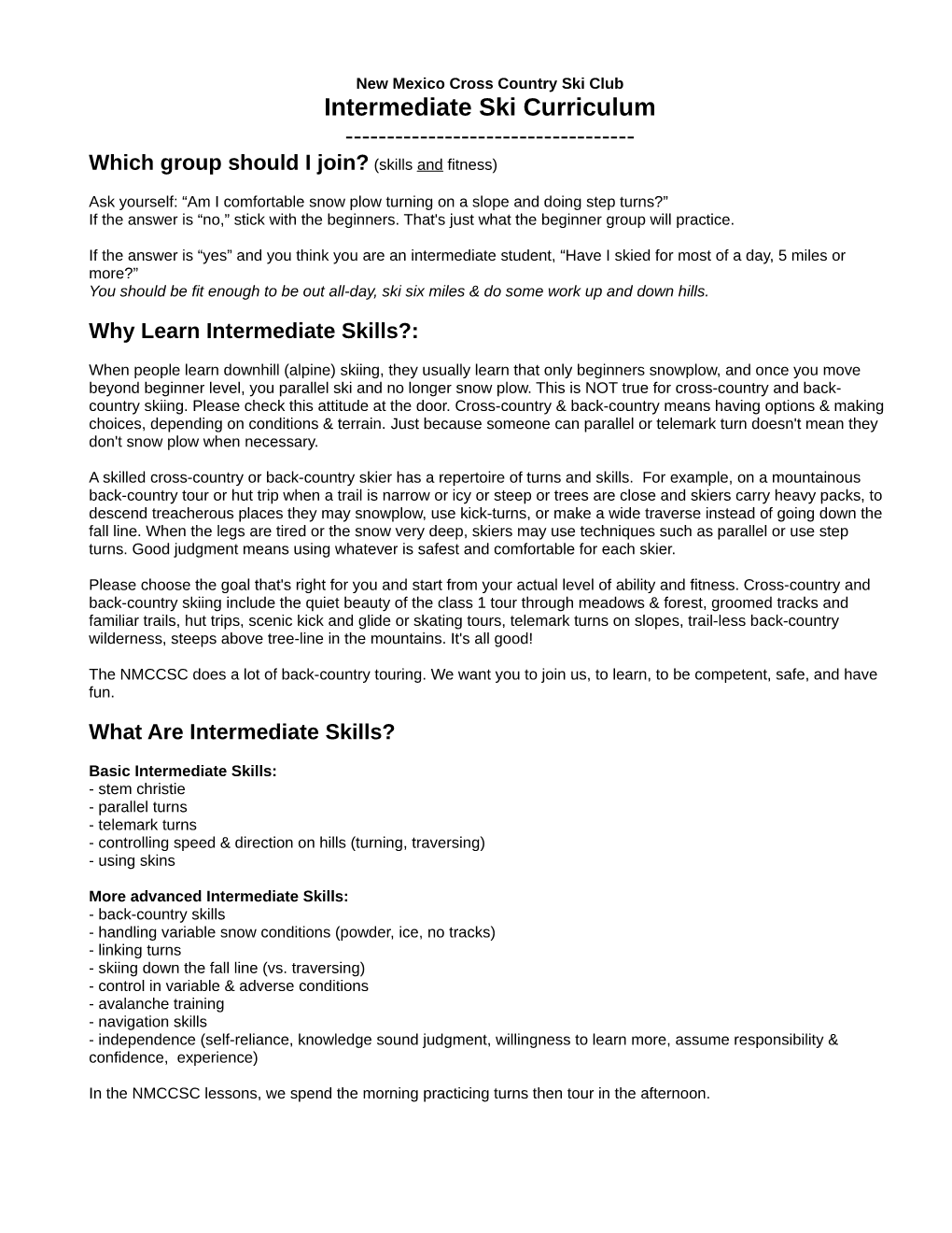 Intermediate Ski Curriculum ------Which Group Should I Join? (Skills and Fitness)