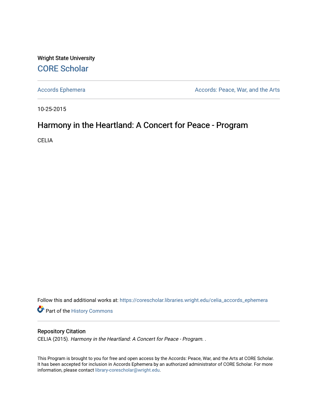 Harmony in the Heartland: a Concert for Peace - Program