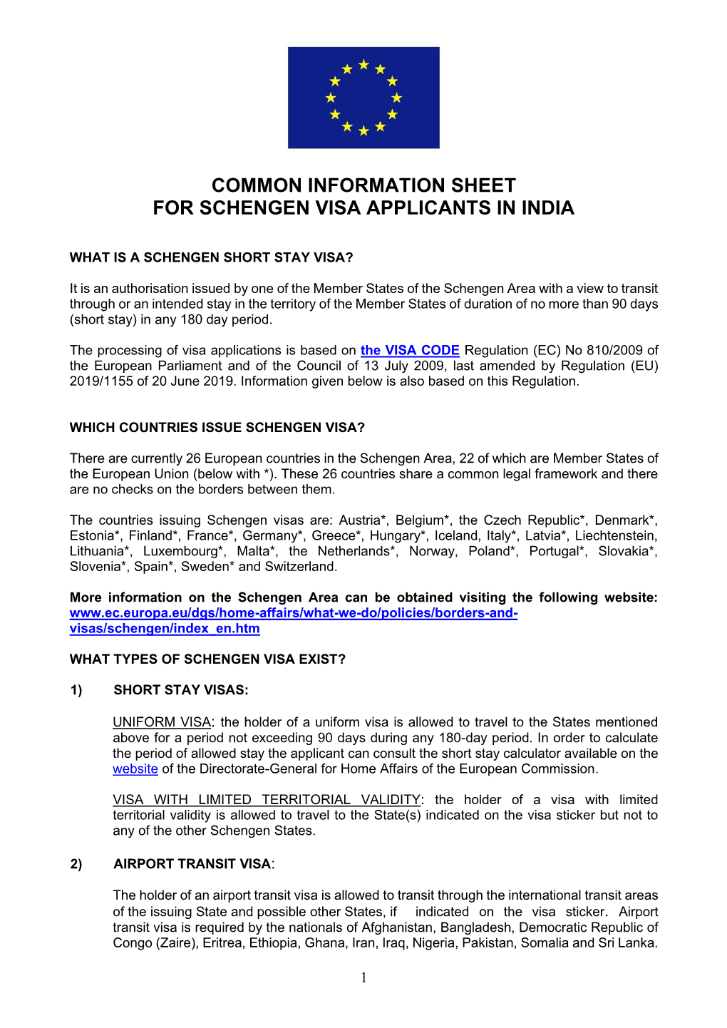 Common Information Sheet for Schengen Visa Applicants in India
