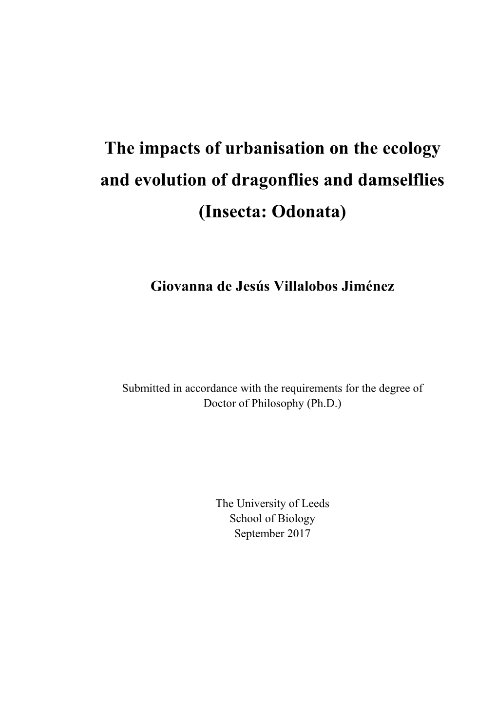 The Impacts of Urbanisation on the Ecology and Evolution of Dragonflies and Damselflies (Insecta: Odonata)