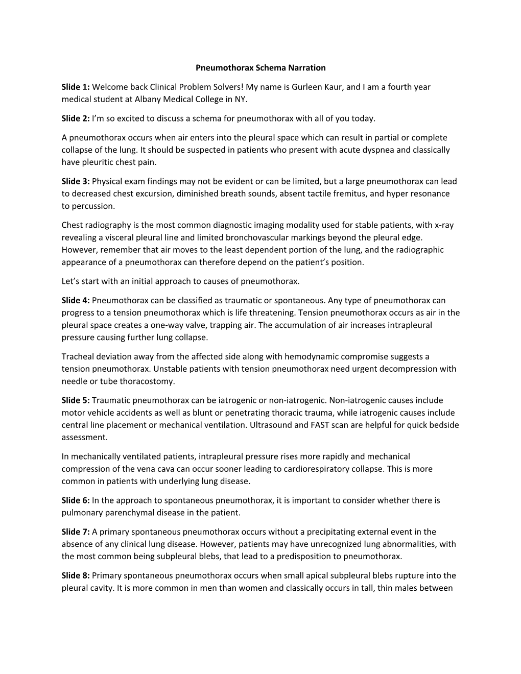 Pneumothorax Schema Narration Slide 1