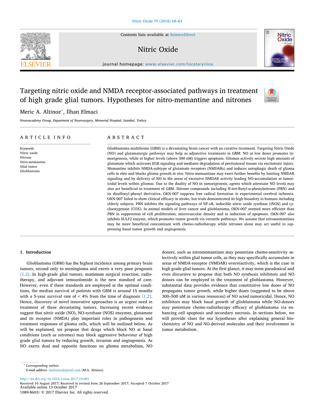 Targeting Nitric Oxide and NMDA Receptor-Associated Pathways in Treatment of High Grade Glial Tumors