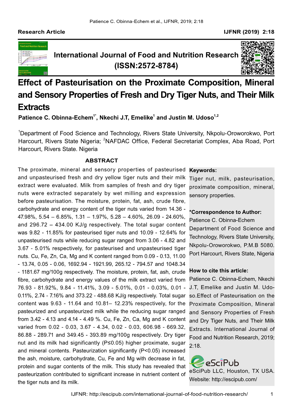 Effect of Pasteurisation on the Proximate Composition, Mineral and Sensory Properties of Fresh and Dry Tiger Nuts, and Their Milk Extracts Patience C