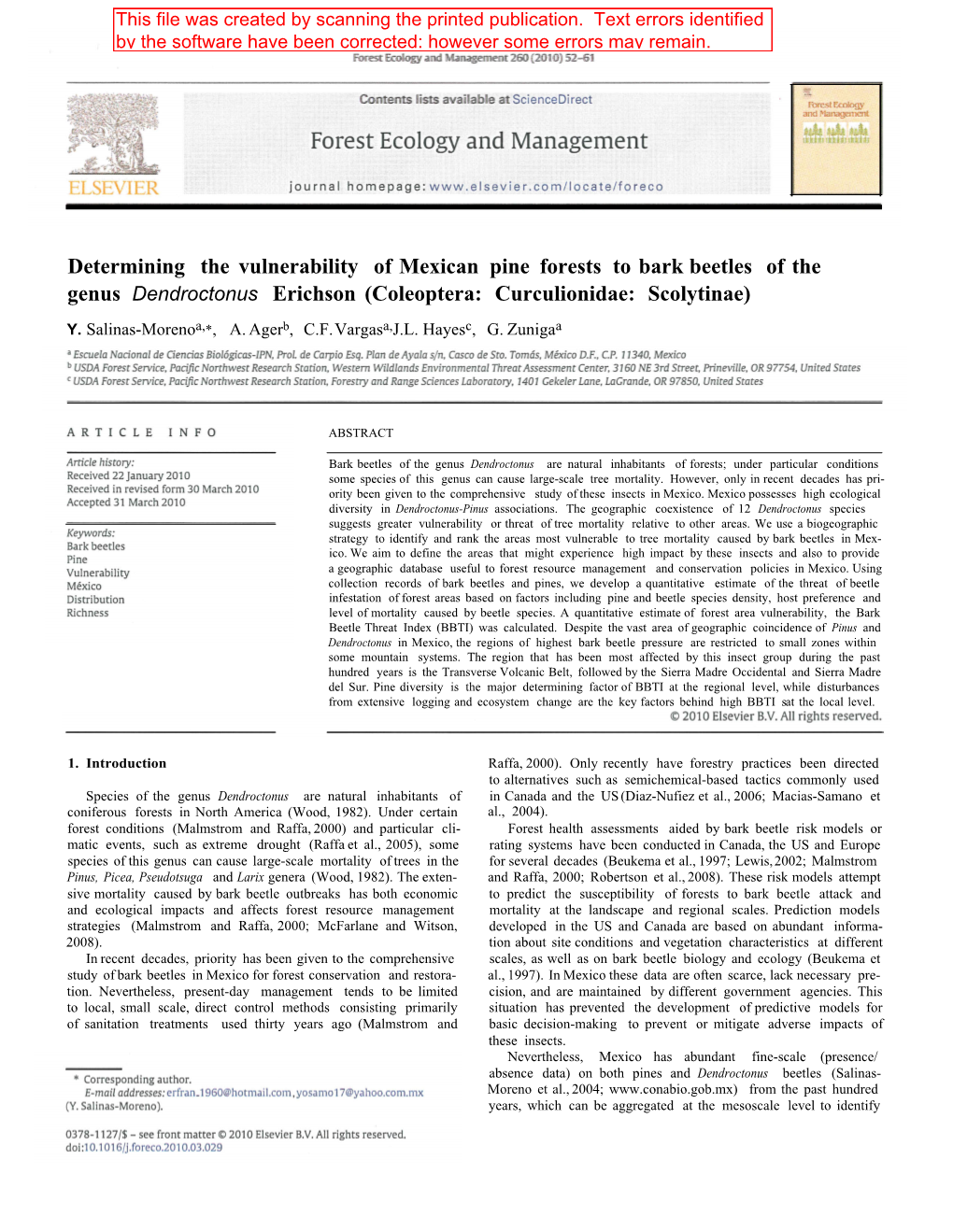 Determining the Vulnerability of Mexican Pine Forests to Bark Beetles of the Genus Dendroctonus Erichson (Coleoptera: Curculionidae: Scolytinae)