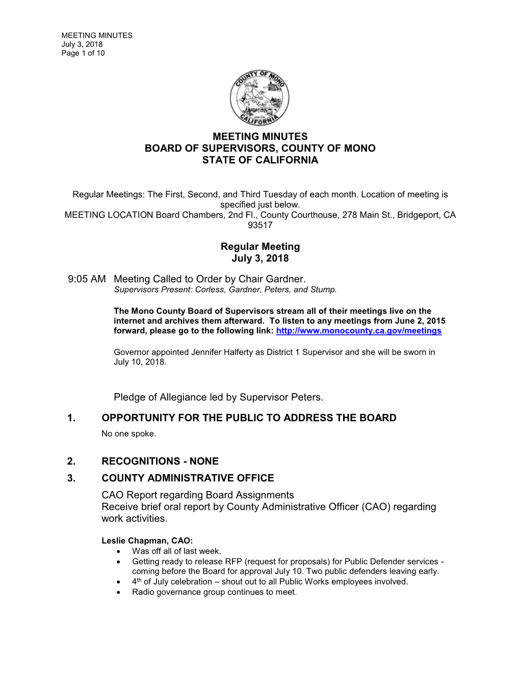 Meeting Minutes Board of Supervisors, County of Mono State of California