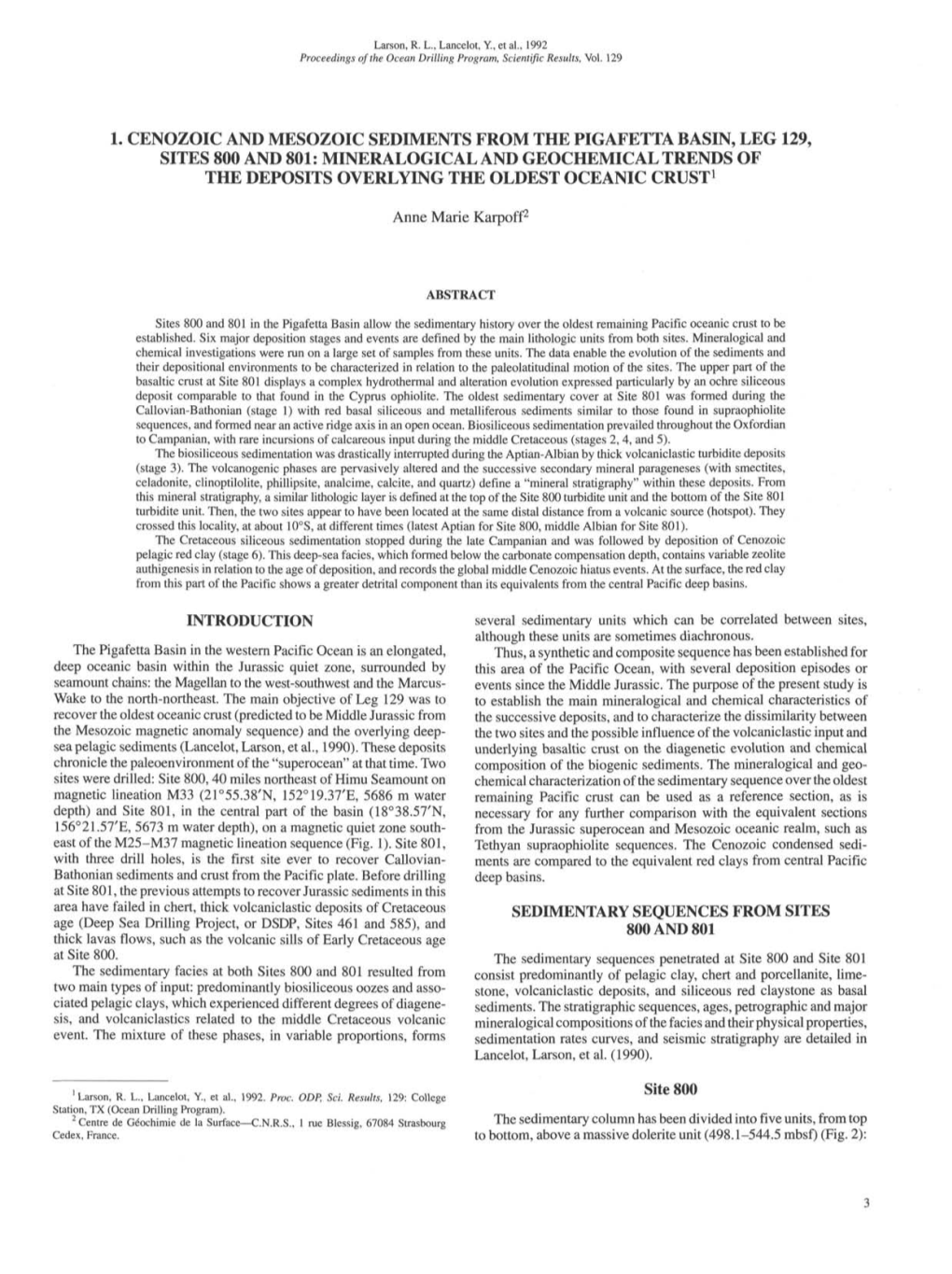 1. Cenozoic and Mesozoic Sediments from the Pigafetta Basin, Leg