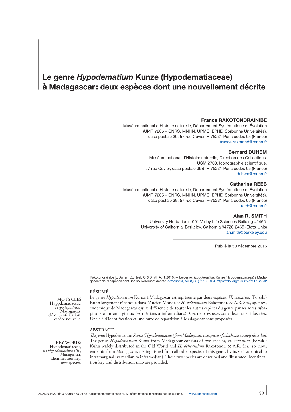 Le Genre Hypodematium Kunze (Hypodematiaceae) À Madagascar : Deux Espèces Dont Une Nouvellement Décrite