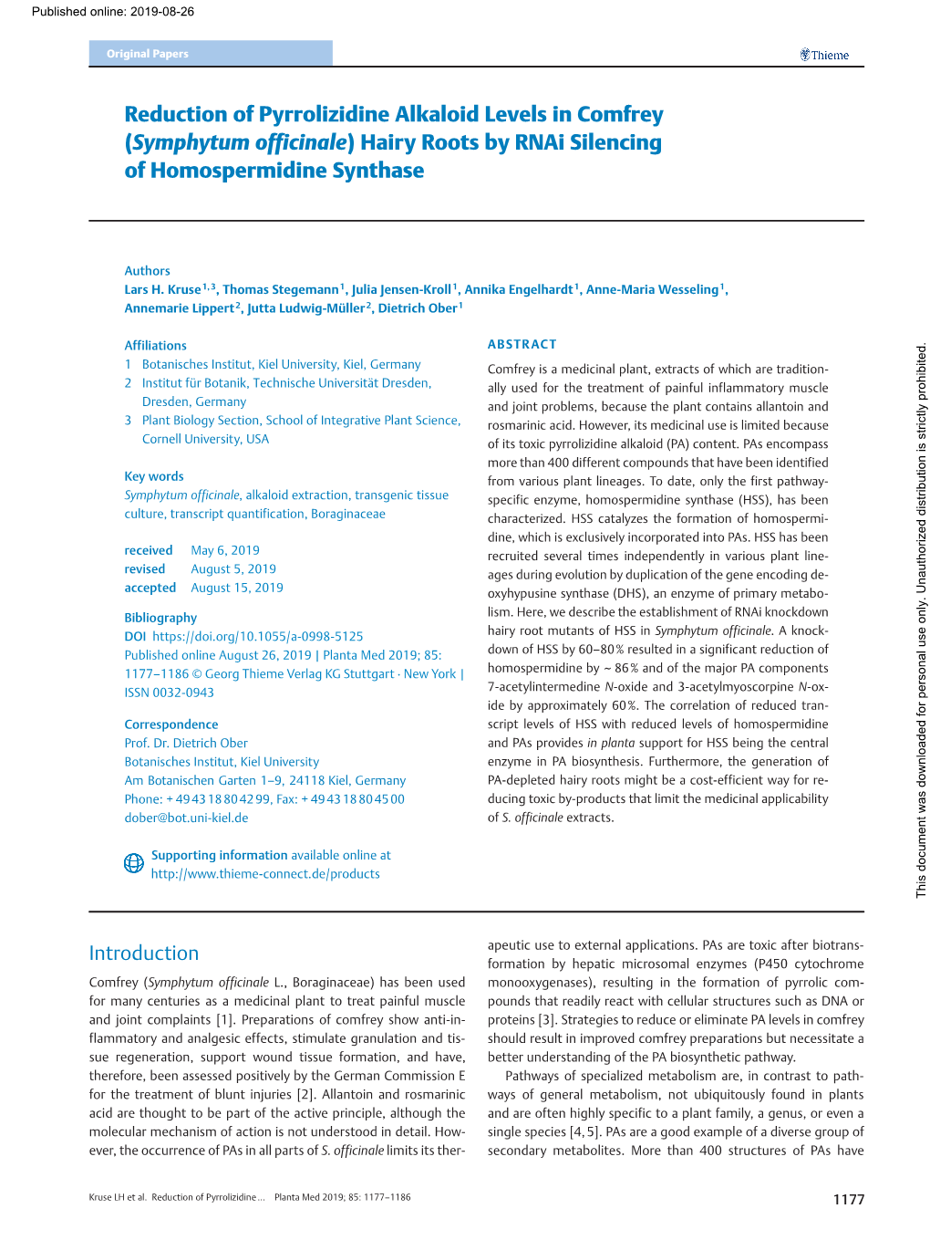 Symphytum Officinale) Hairy Roots by Rnai Silencing of Homospermidine Synthase