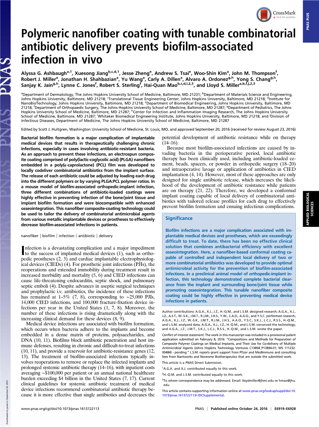 Polymeric Nanofiber Coating with Tunable Combinatorial Antibiotic