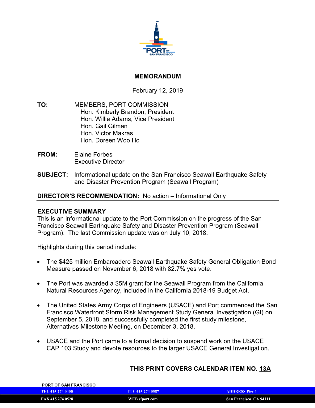 February 2019 Port Commission Staff Report on the Seawall Program and Flood Study