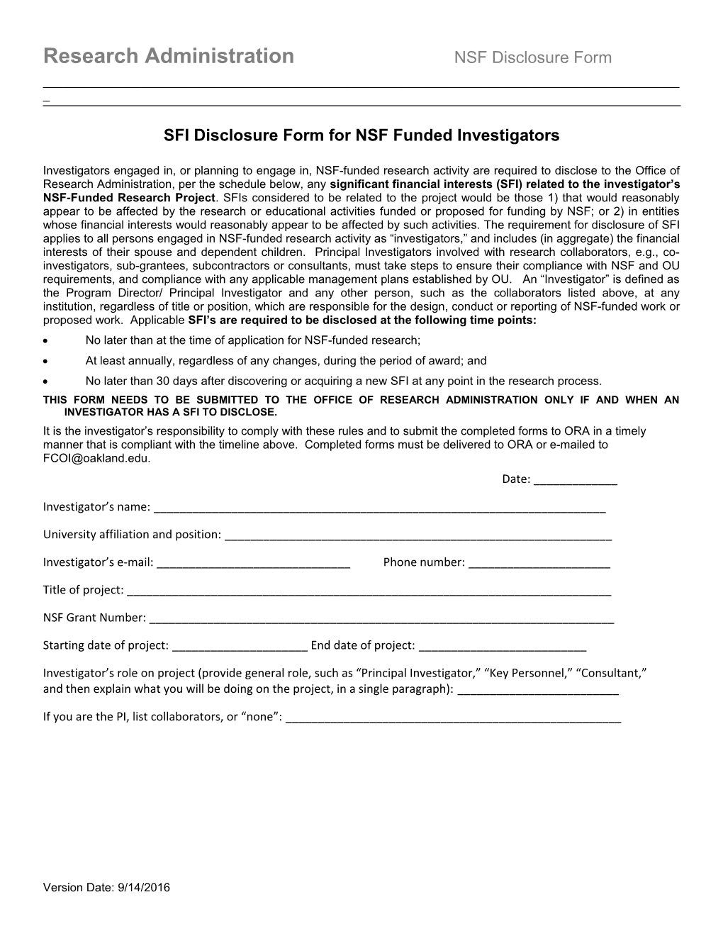 SFI Disclosure Form for NSF Funded Investigators