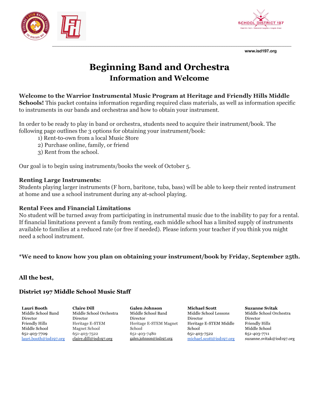 Beginning Band and Orchestra Information and Welcome