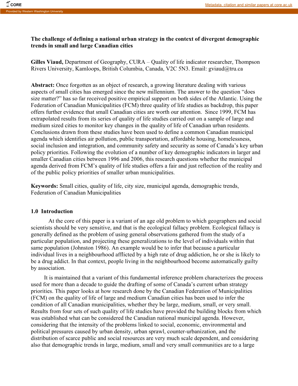 Challenge of Defining a National Urban Strategy in the Context of Divergent Demographic Trends in Small and Large Canadian Cities