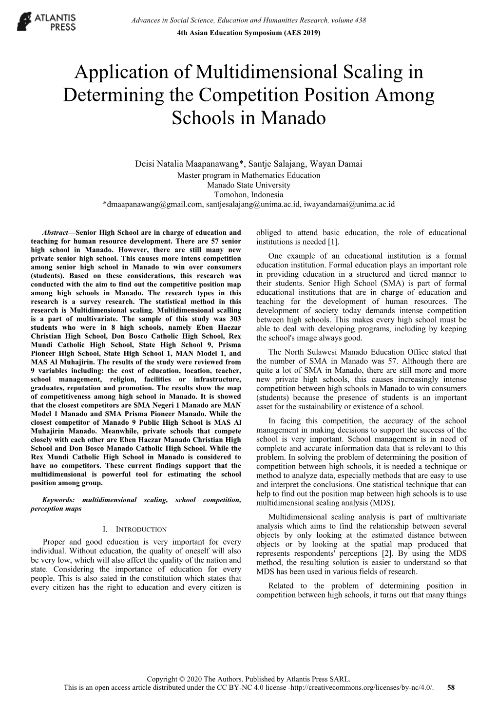 Application of Multidimensional Scaling in Determining the Competition Position Among Schools in Manado