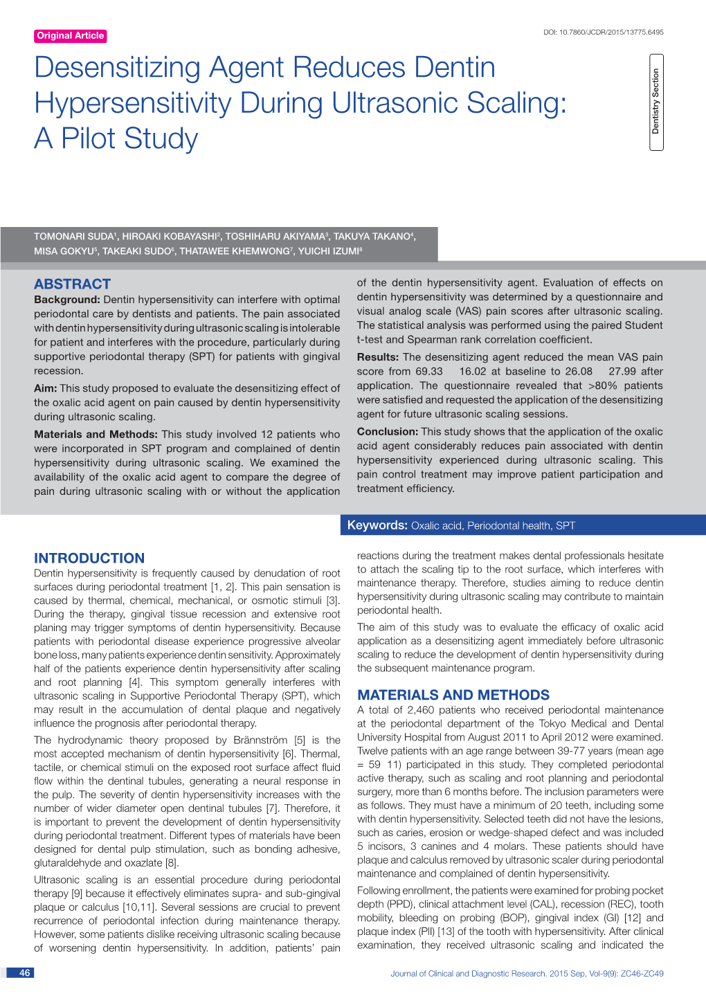 Desensitizing Agent Reduces Dentin Hypersensitivity During Ultrasonic Scaling: a Pilot Study Dentistry Section