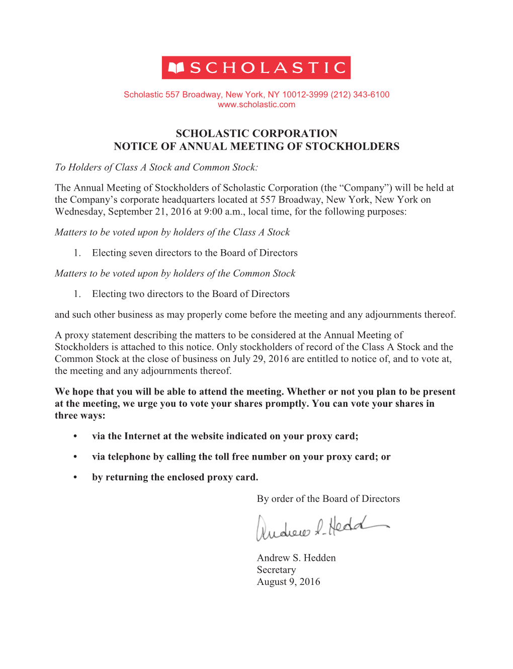 Scholastic Corporation Notice Of