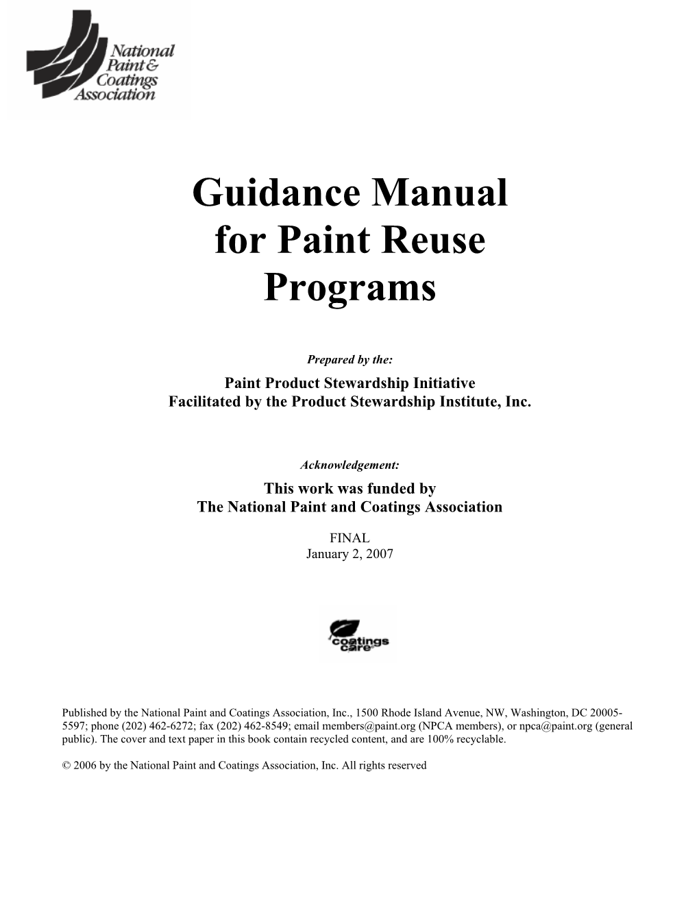 Guidance Manual for Paint Reuse Programs