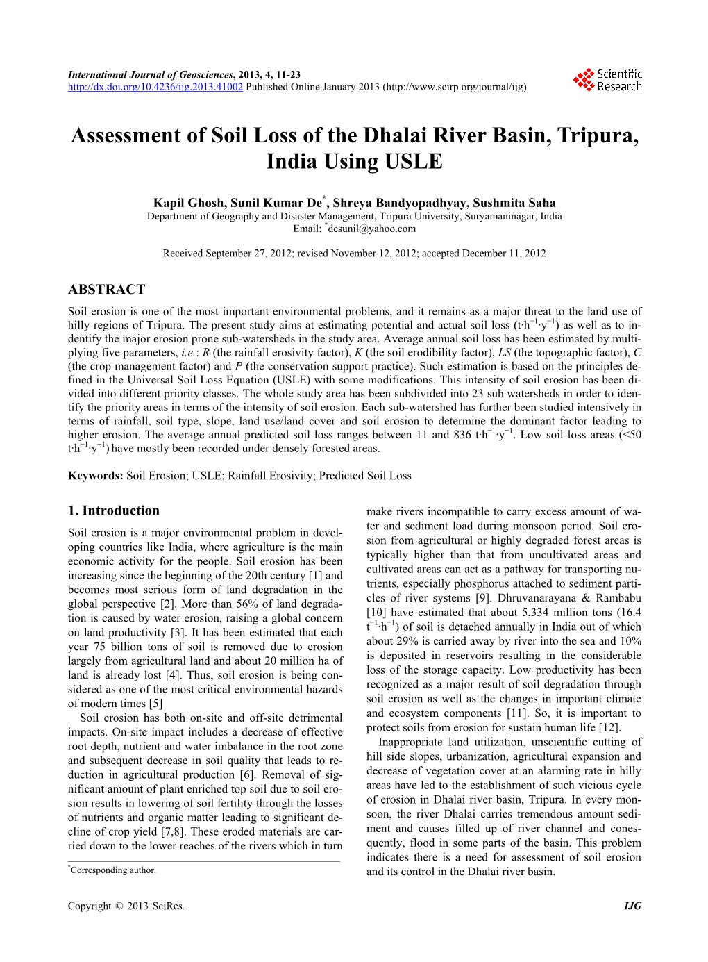Assessment of Soil Loss of the Dhalai River Basin, Tripura, India Using USLE