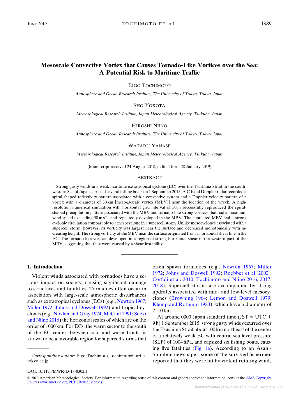 Mesoscale Convective Vortex That Causes Tornado-Like Vortices Over the Sea: a Potential Risk to Maritime Trafﬁc