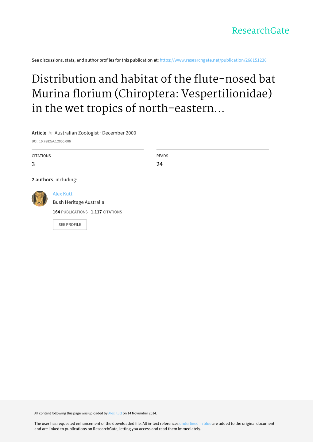 Distribution and Habitat of the Flute-Nosed Bat Murina Florium (Chiroptera: Vespertilionidae) in the Wet Tropics of North-Eastern