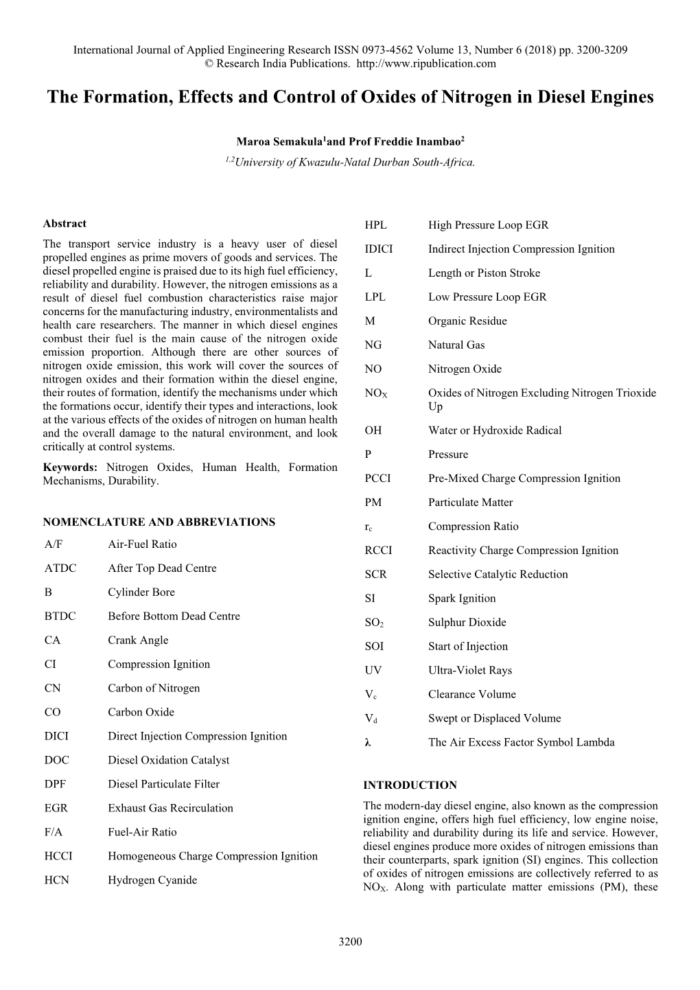 The Formation, Effects and Control of Oxides of Nitrogen in Diesel Engines