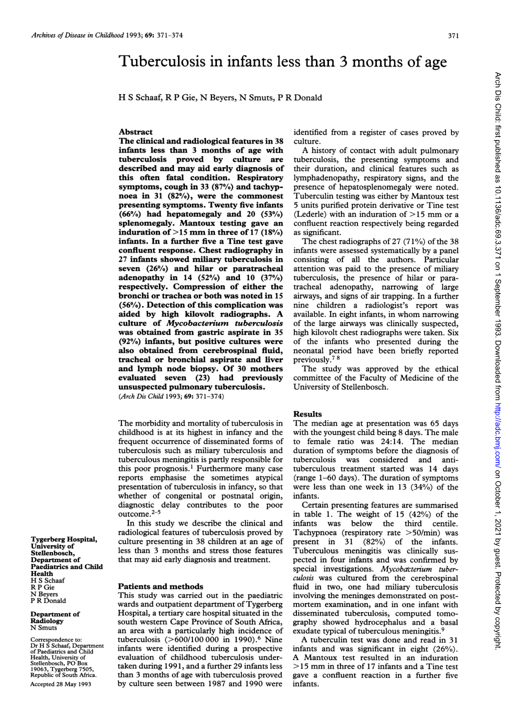 Tuberculosis in Infants Less Than 3 Months Ofage