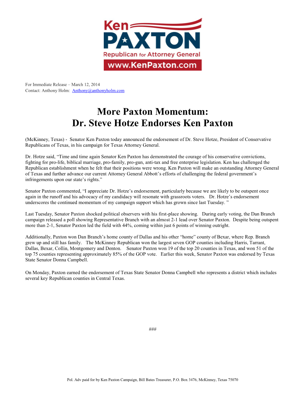 More Paxton Momentum: Dr. Steve Hotze Endorses Ken Paxton