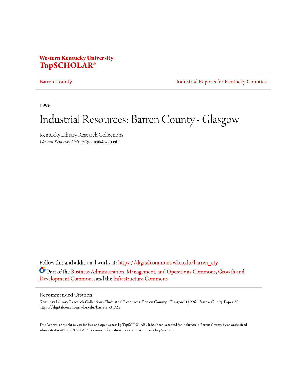 Barren County Industrial Reports for Kentucky Counties