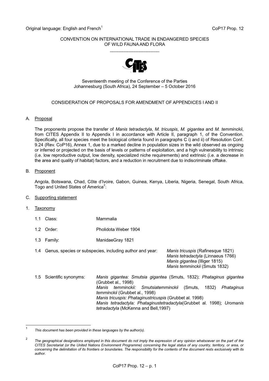 Proposal for Amendment of Appendix I Or II for CITES Cop16