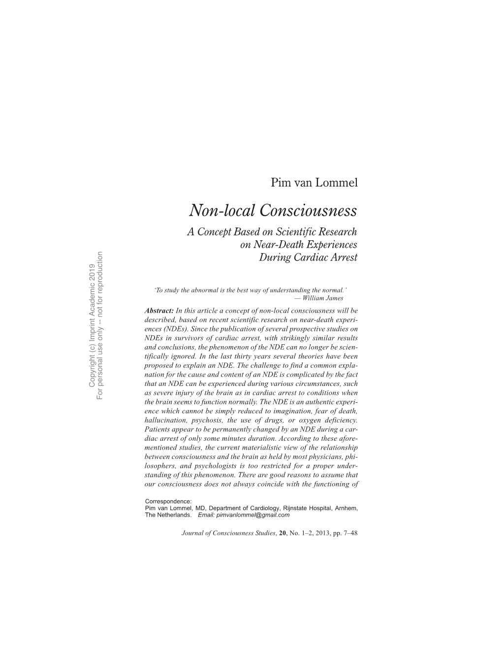 Non-Local Consciousness a Concept Based on Scientific Research on Near-Death Experiences During Cardiac Arrest