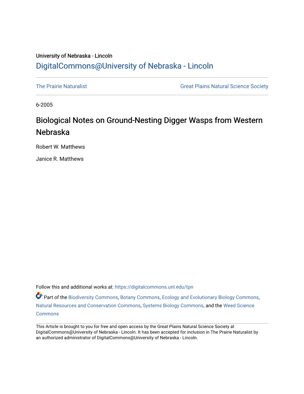 Biological Notes on Ground-Nesting Digger Wasps from Western Nebraska