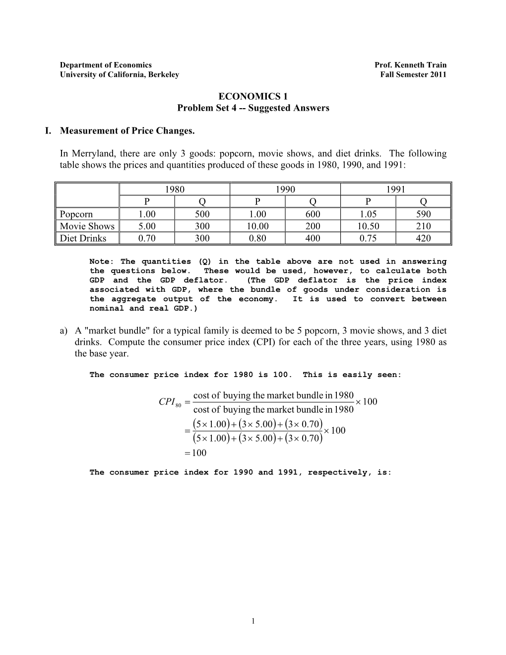 Suggested Answers I. Measurement of Price Changes. in Merryland, There