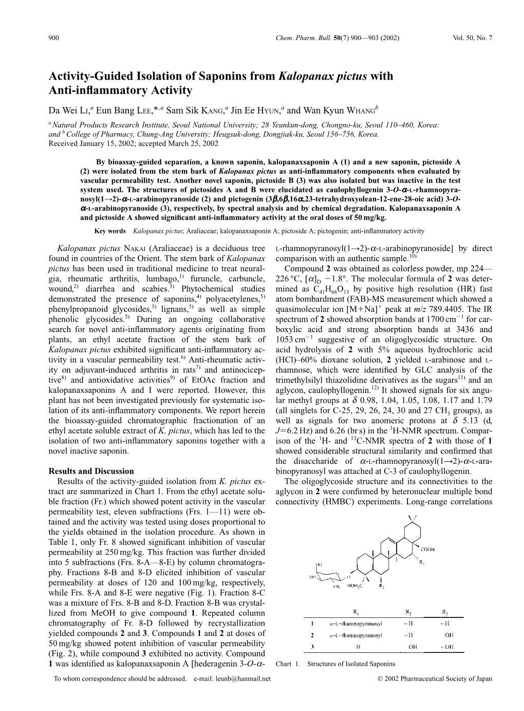 Activity-Guided Isolation of Saponins from Kalopanax Pictus with Anti-Inﬂammatory Activity