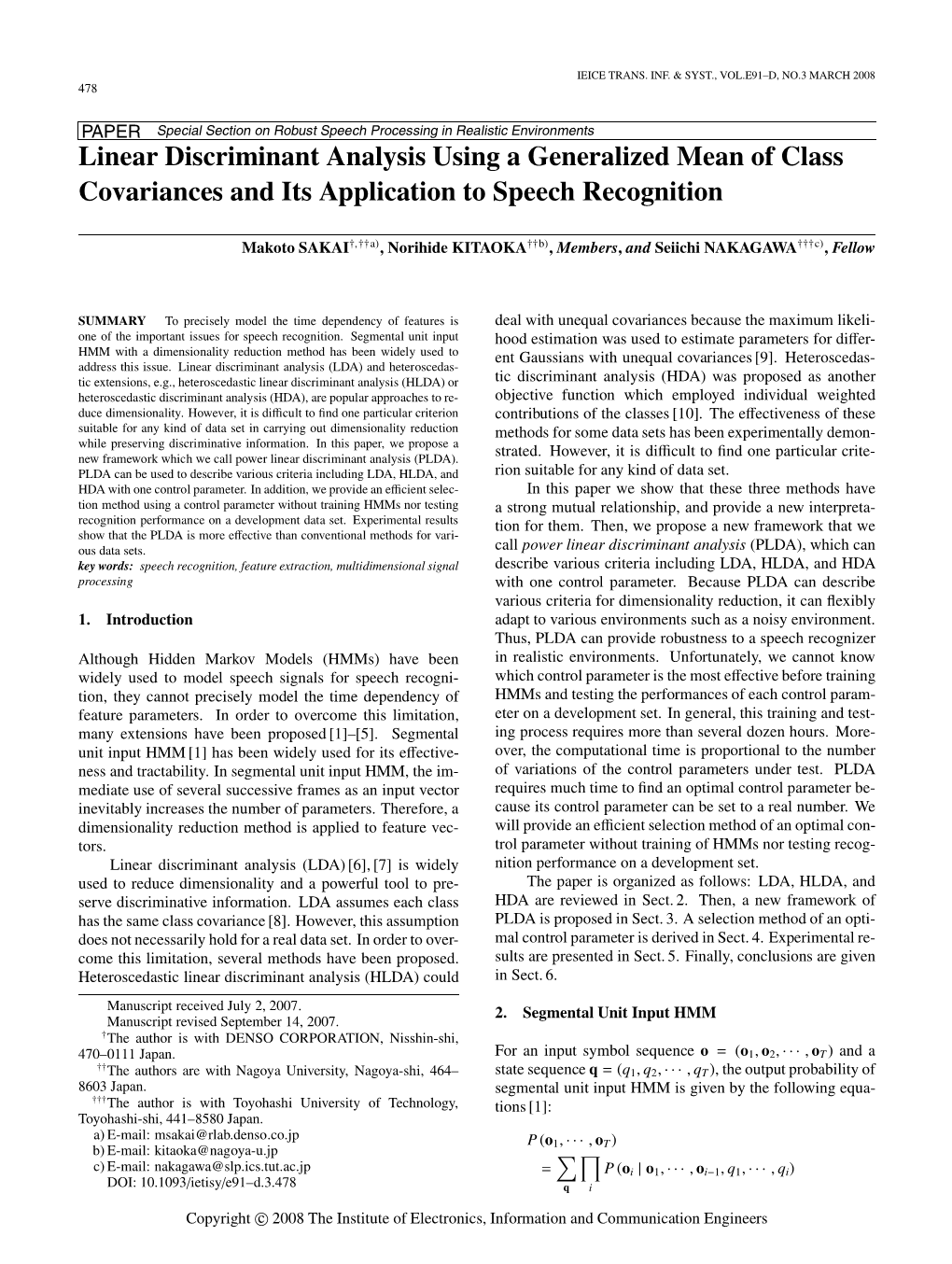 Linear Discriminant Analysis Using a Generalized Mean of Class Covariances and Its Application to Speech Recognition