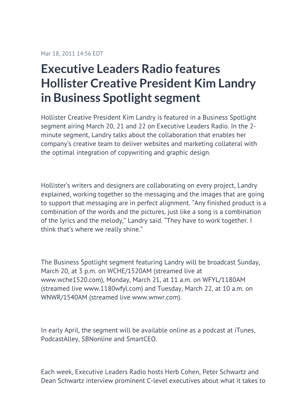 Executive Leaders Radio Features Hollister Creative President Kim Landry in Business Spotlight Segment