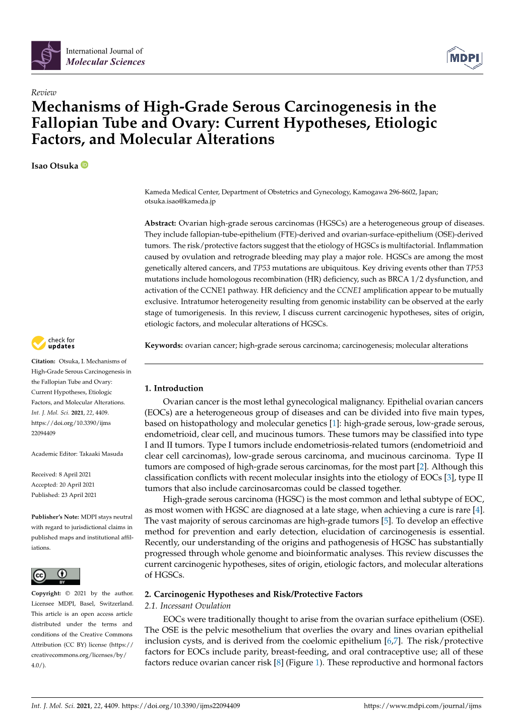 Mechanisms of High-Grade Serous Carcinogenesis in the Fallopian Tube and Ovary: Current Hypotheses, Etiologic Factors, and Molecular Alterations