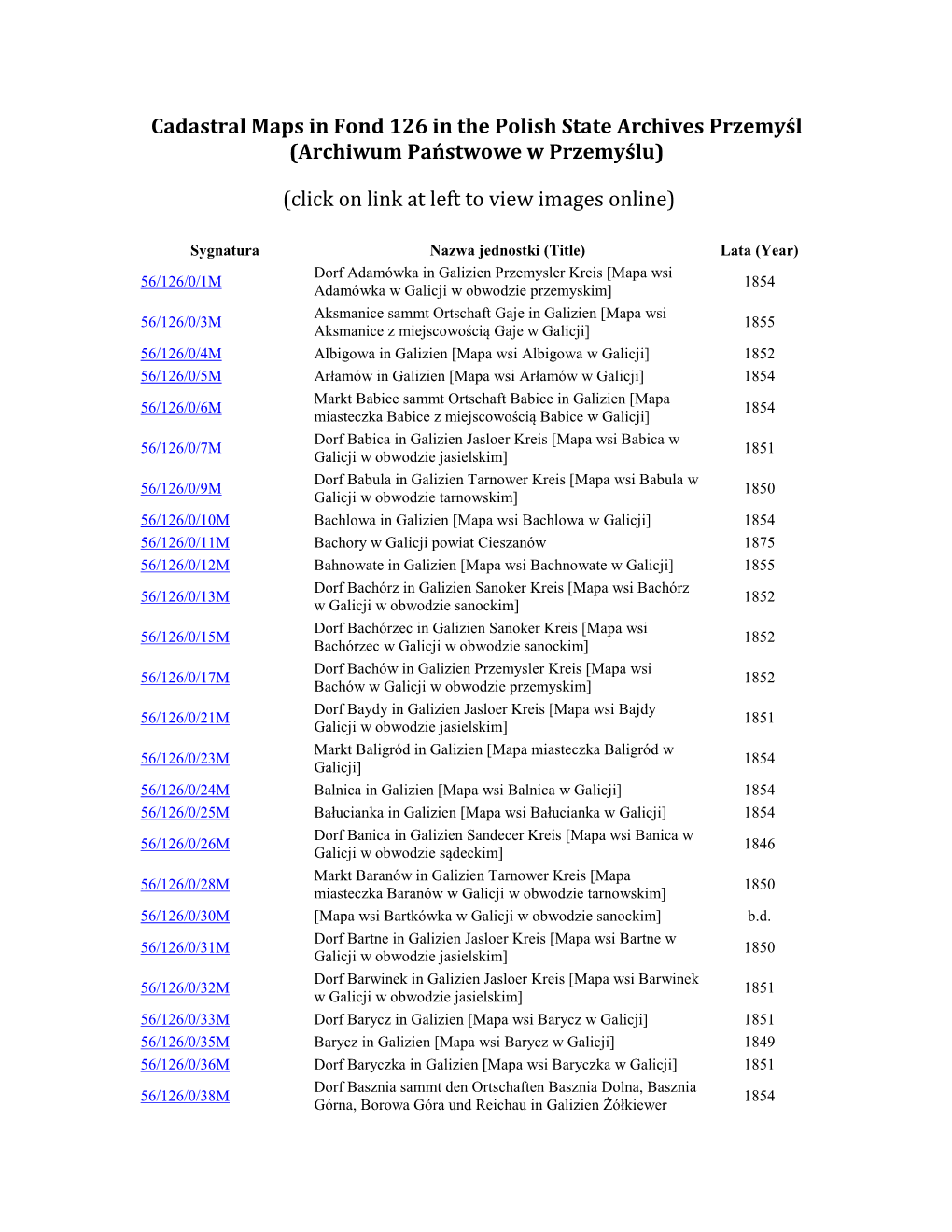 Cadastral Maps in Fond 126 in the Polish State Archives Przemyśl (Archiwum Państwowe W Przemyślu)
