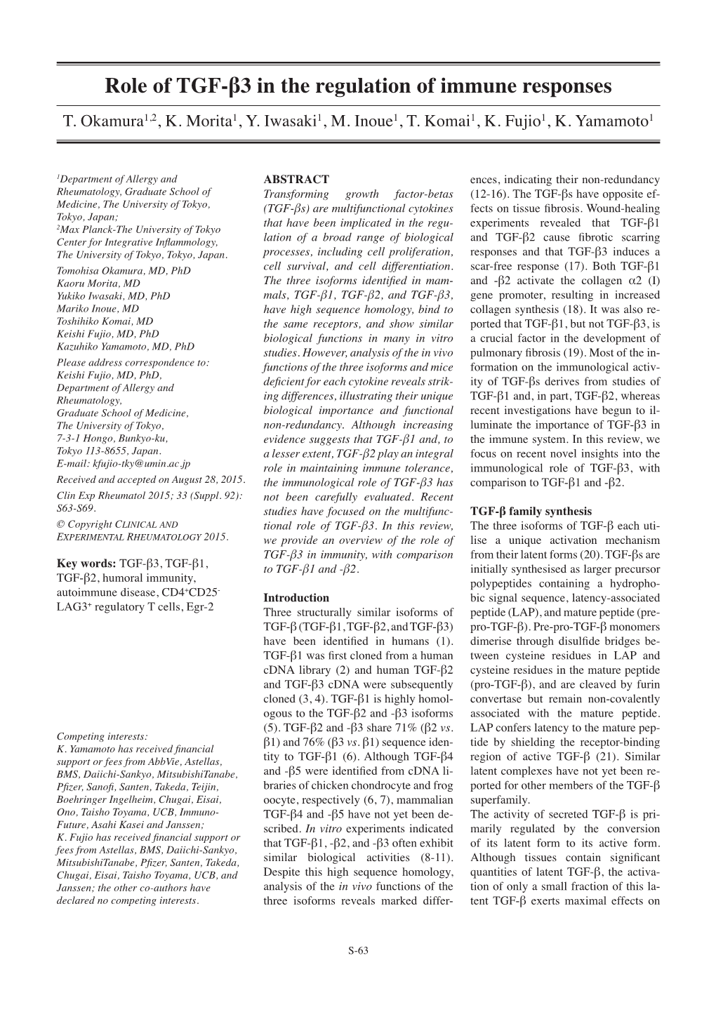 Role of TGF-Β3 in the Regulation of Immune Responses T