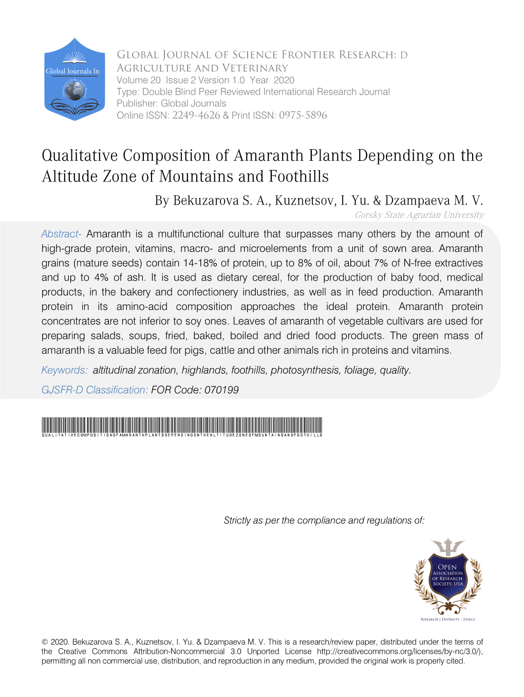 Qualitative Composition of Amaranth Plants Depending on the Altitude Zone of Mountains and Foothills by Bekuzarova S