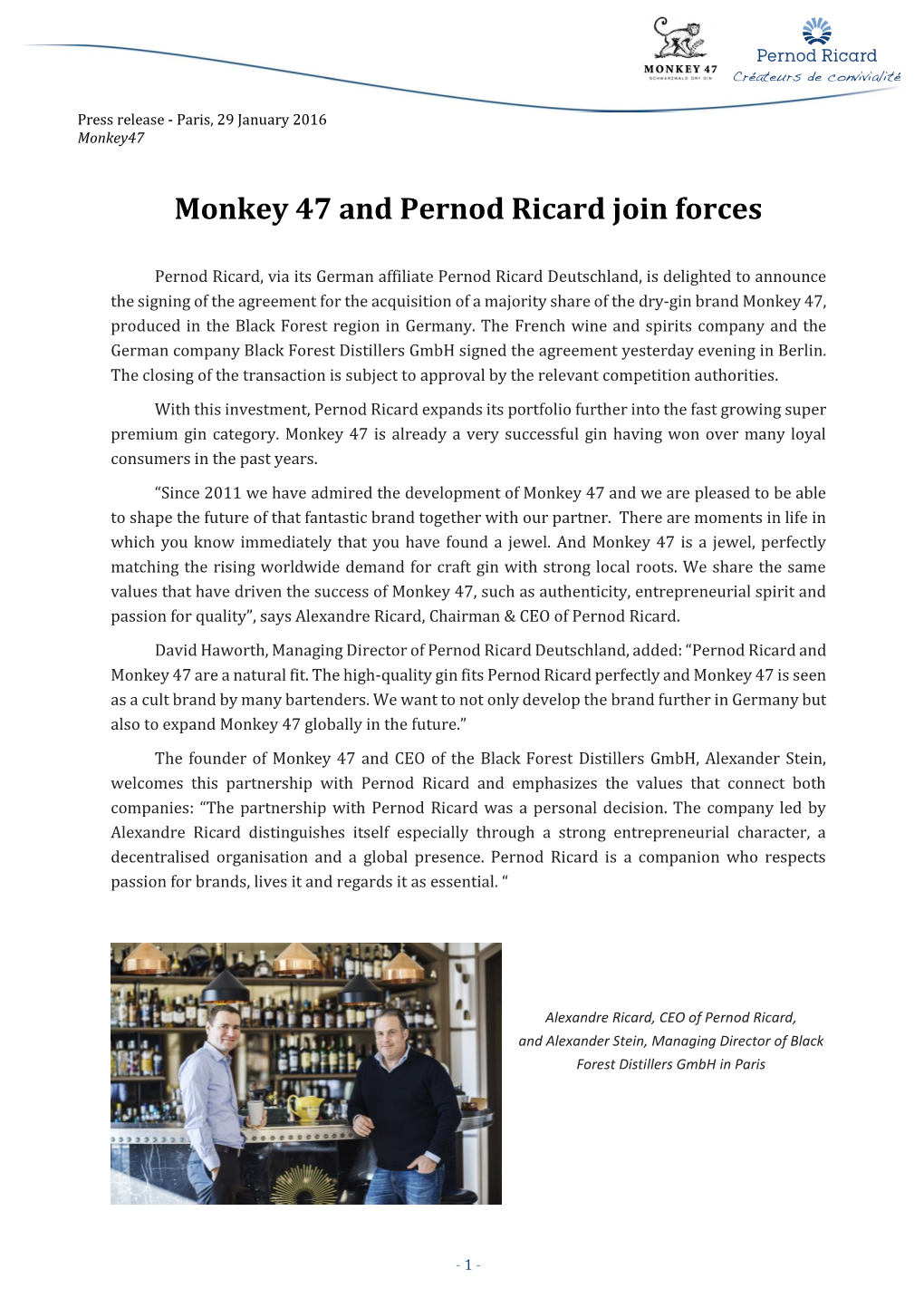 Monkey 47 and Pernod Ricard Join Forces