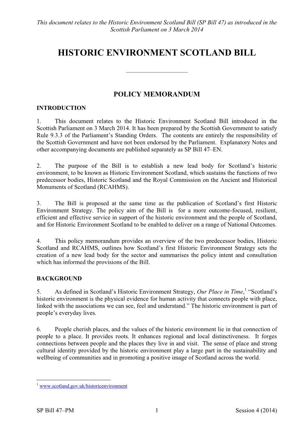 Historic Environment Scotland Bill – Policy Memorandum