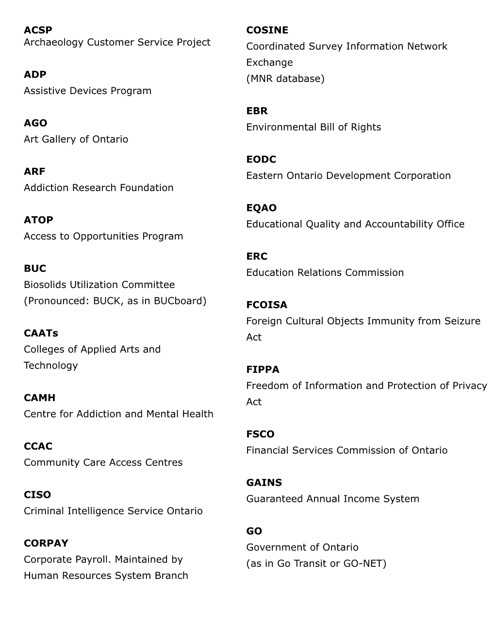 Ontario Government Acronyms