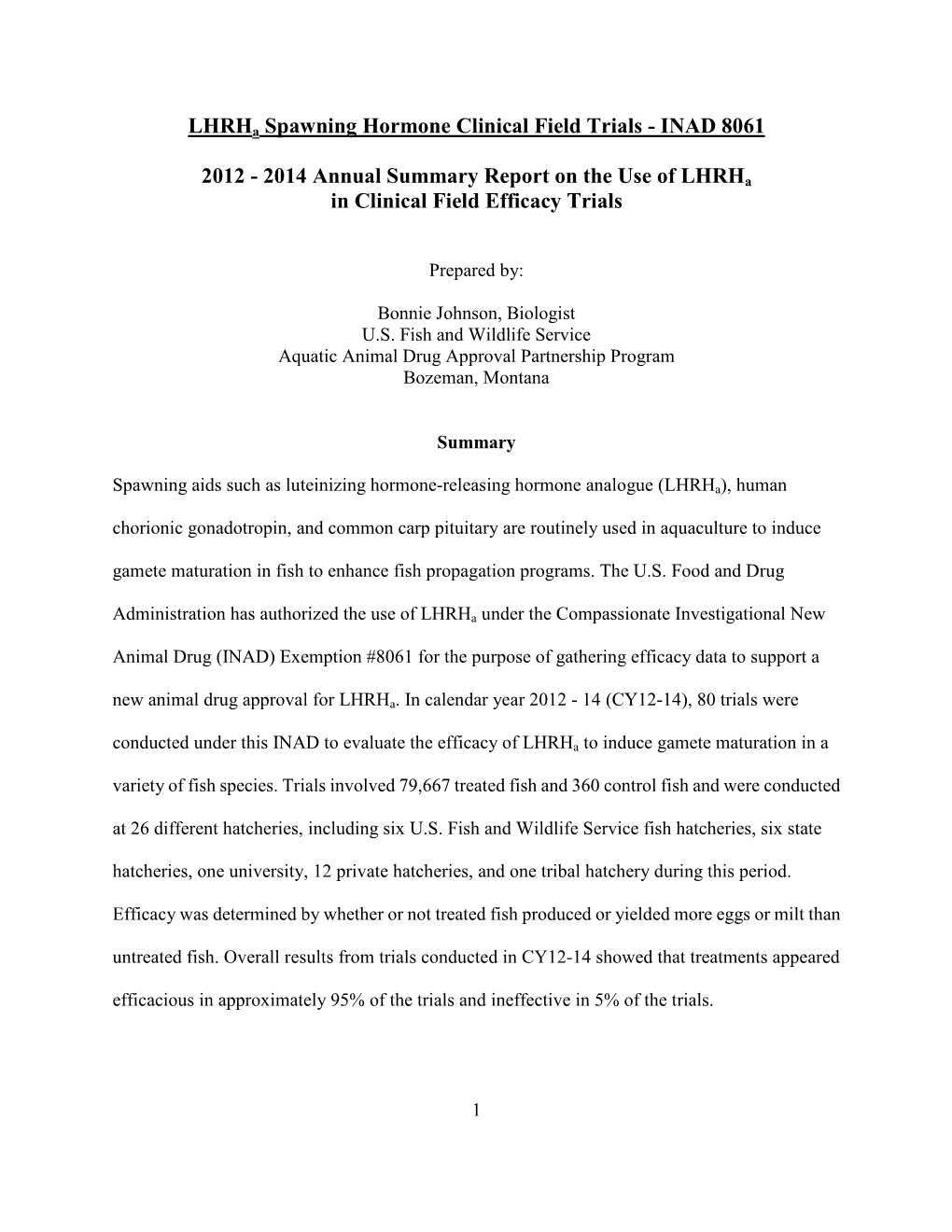 Lhrha Spawning Hormone Clinical Field Trials - INAD 8061