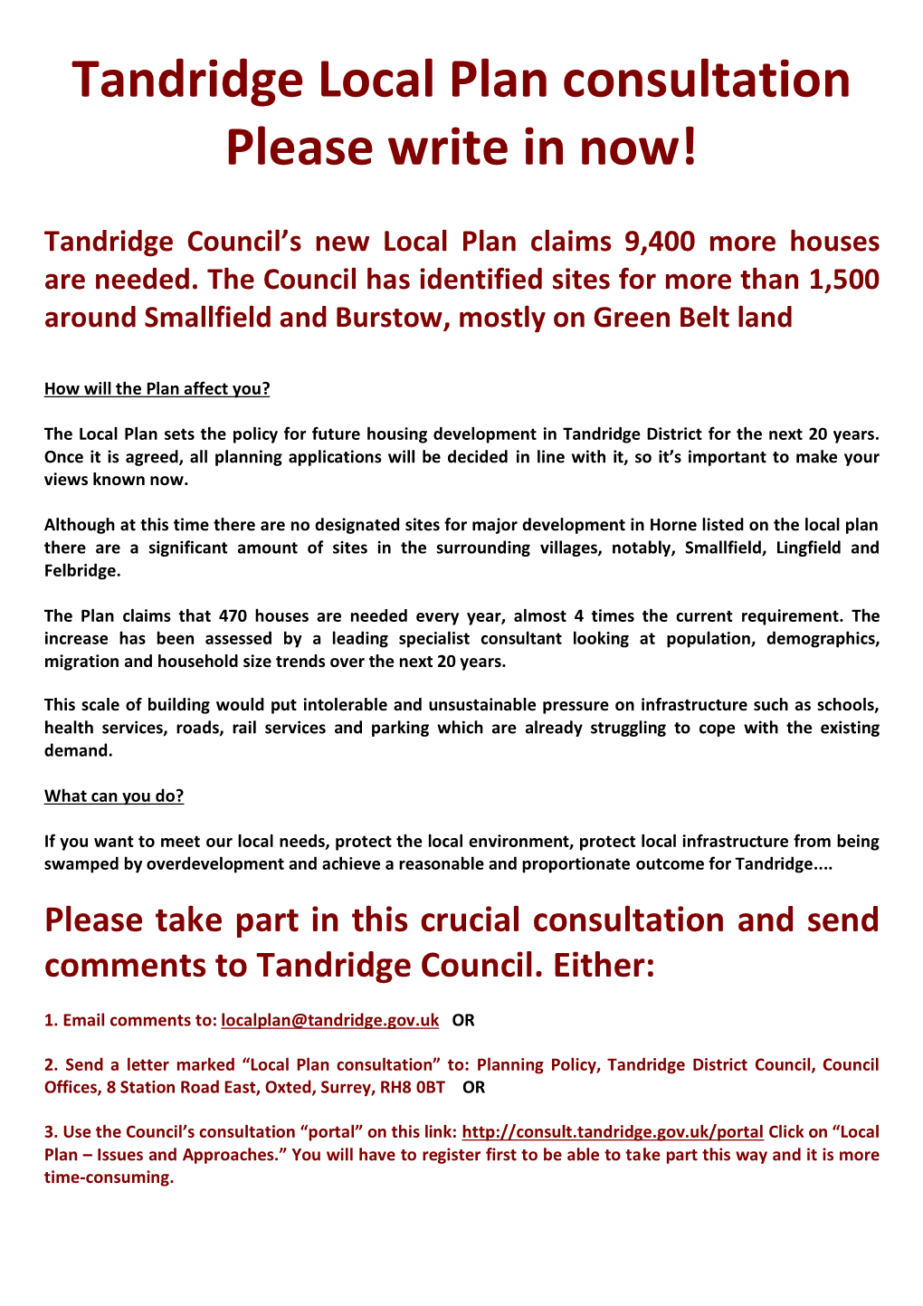 Tandridge Local Plan Consultation Please Write in Now!