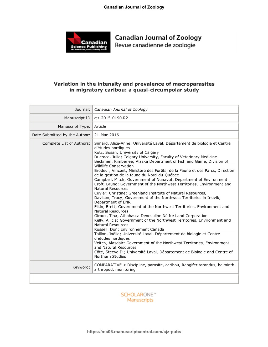 Variation in the Intensity and Prevalence of Macroparasites in Migratory Caribou: a Quasi-Circumpolar Study