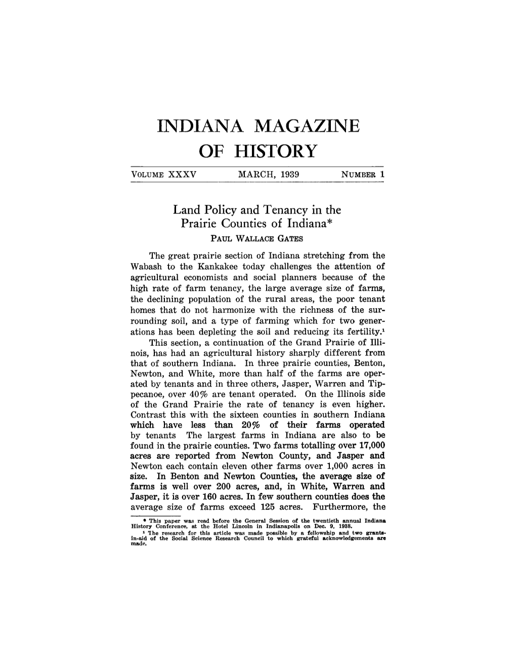 Indiana Magazine of History Volume Xxxv March, 1939 Number1