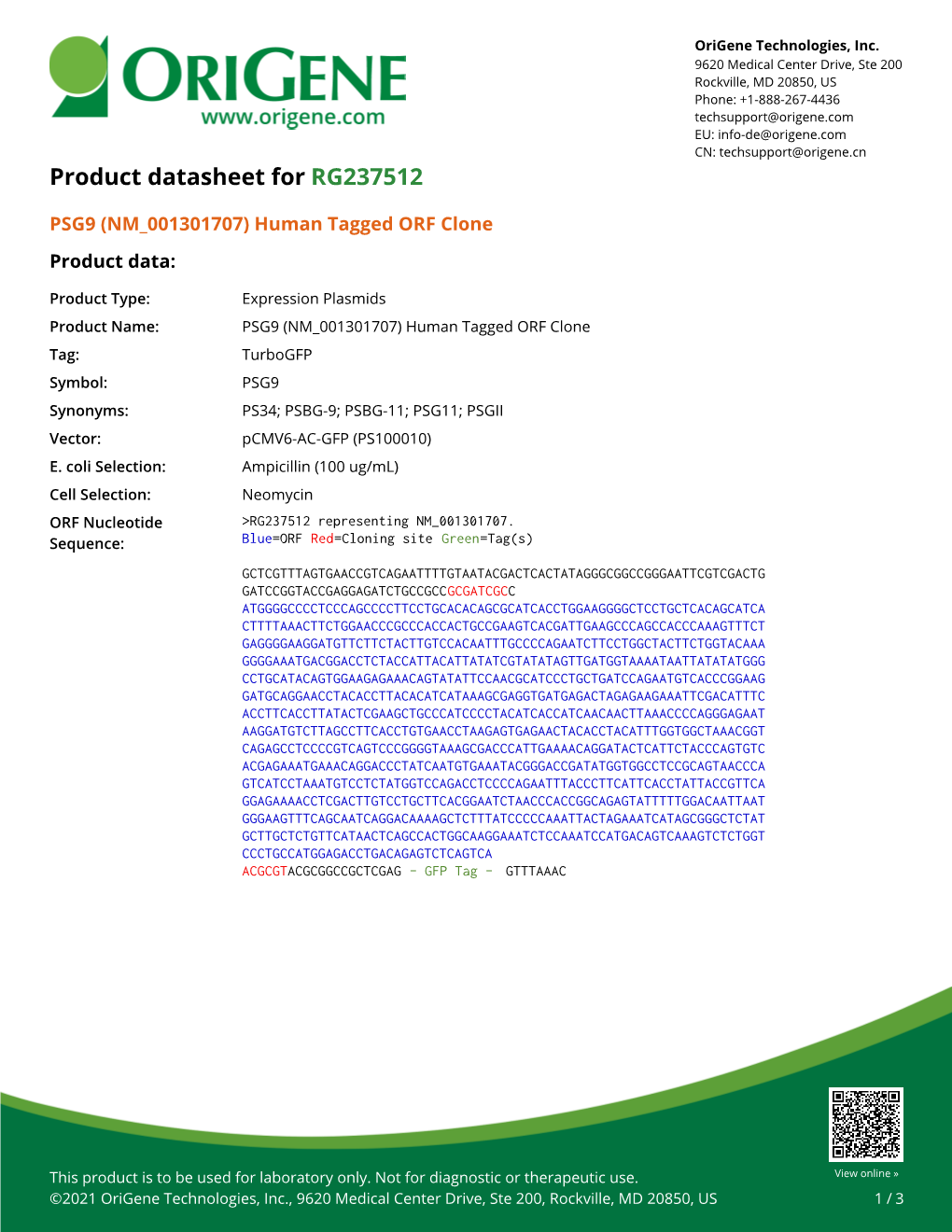 PSG9 (NM 001301707) Human Tagged ORF Clone – RG237512