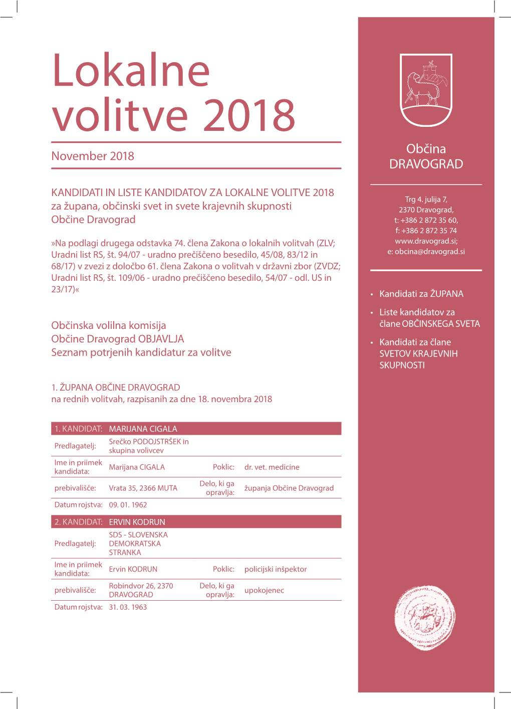 Lokalne Volitve 2018 Občina November 2018 DRAVOGRAD