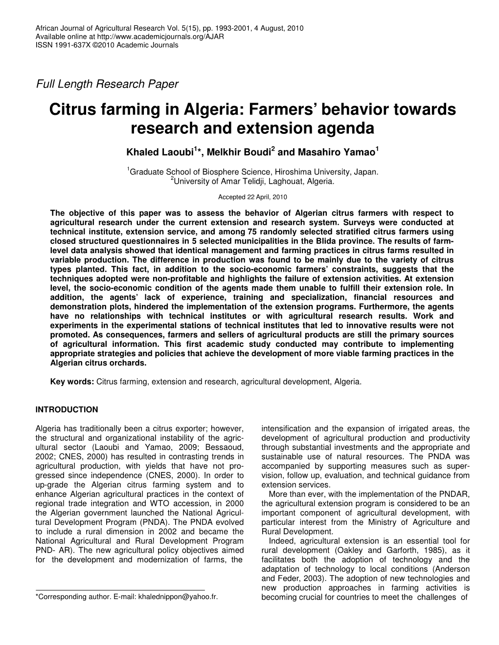 Citrus Farming in Algeria: Farmers’ Behavior Towards Research and Extension Agenda