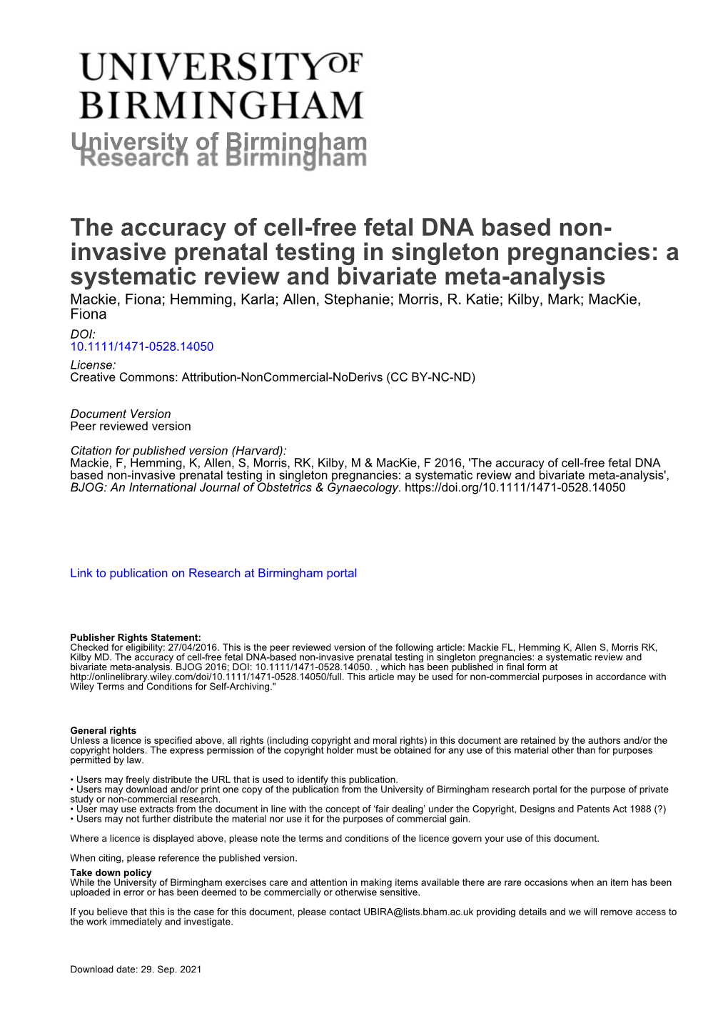 The Accuracy of Cell-Free Fetal DNA Based